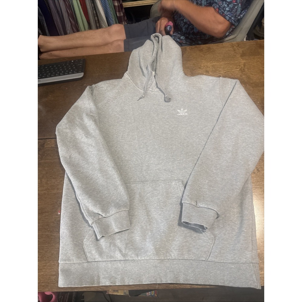 Adidas Men's Gray Solid Pullover Hoodie M Cotton Fleece Logo Drawstring